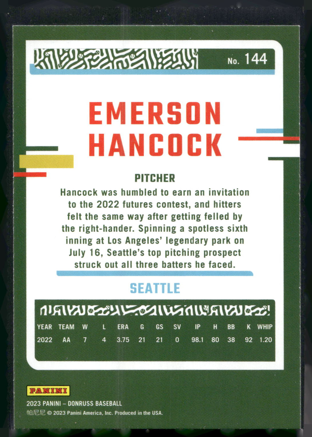 2023 Donruss #144 Emerson Hancock Holo Blue