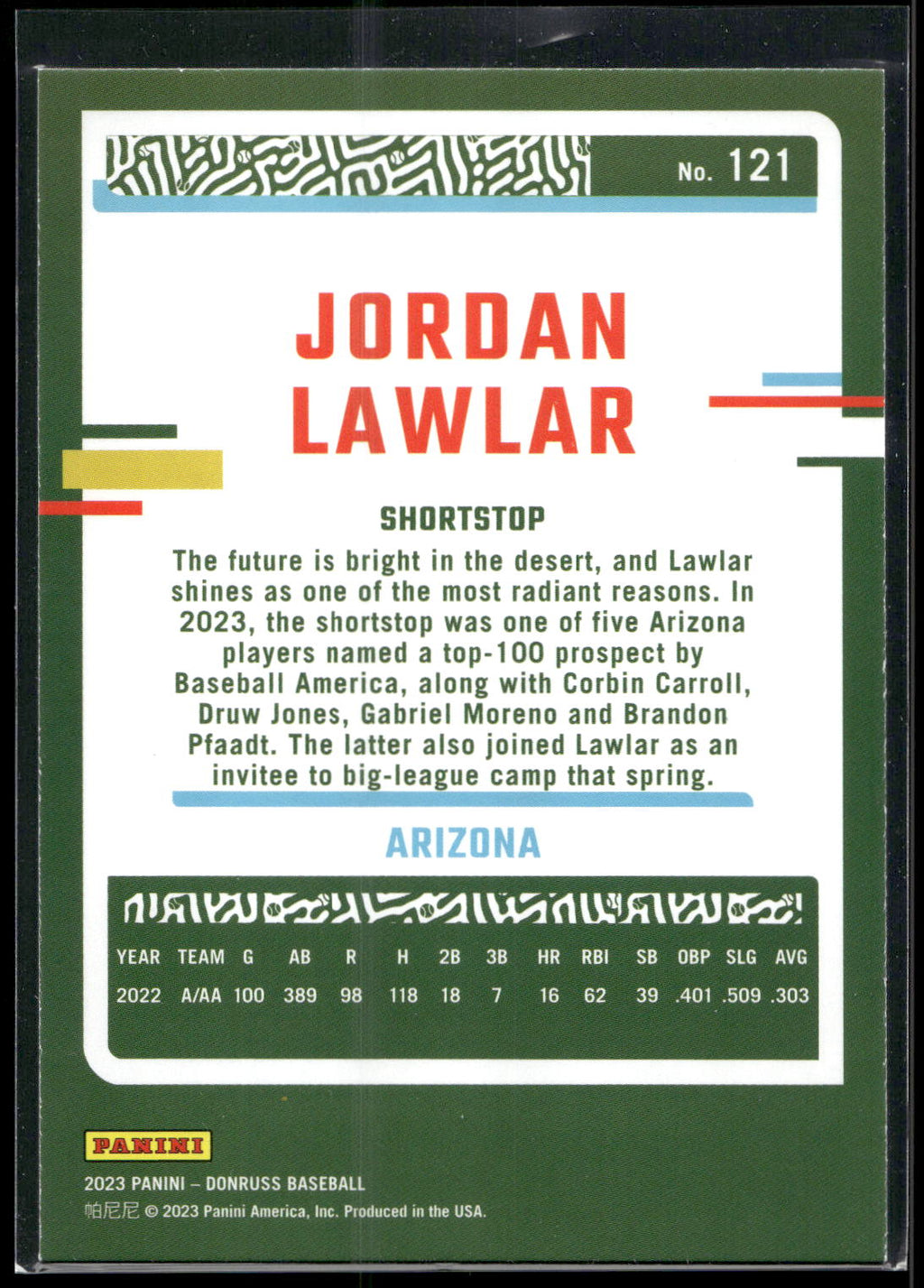 2023 Donruss #121 Jordan Lawlar Holo Blue