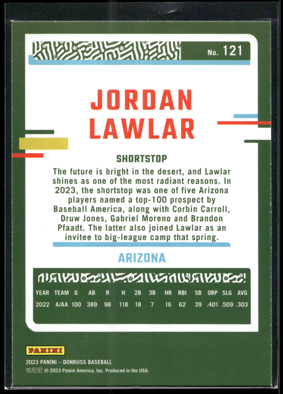 2023 Donruss #121 Jordan Lawlar Holo Blue