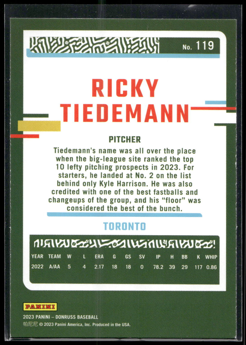2023 Donruss #119 Ricky Tiedemann Holo Blue