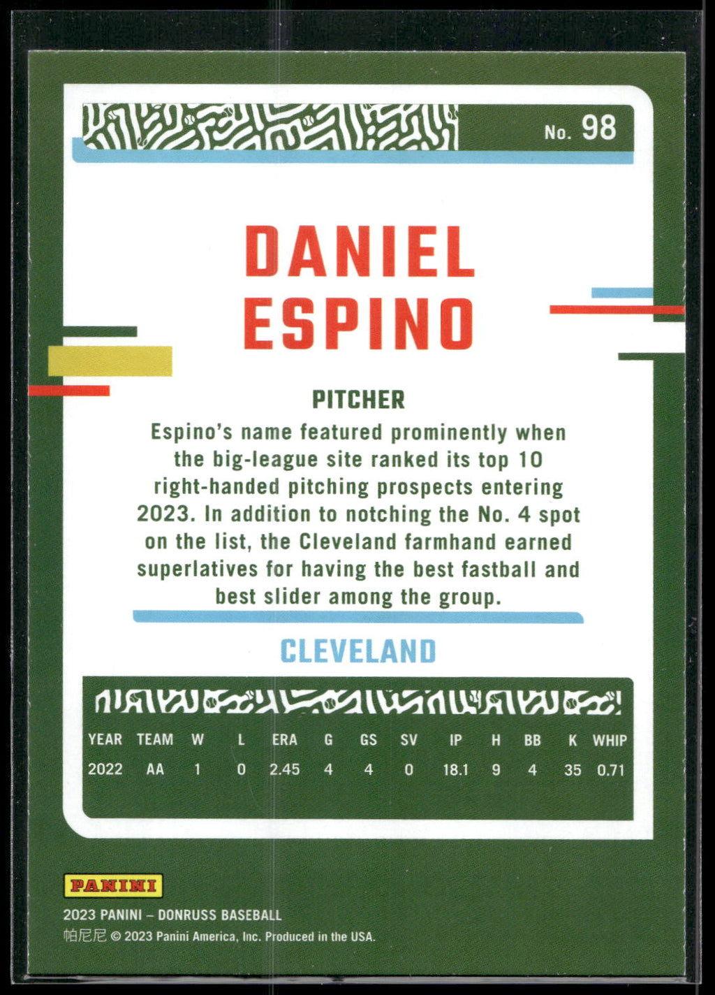 2023 Donruss #98 Daniel Espino Holo Blue