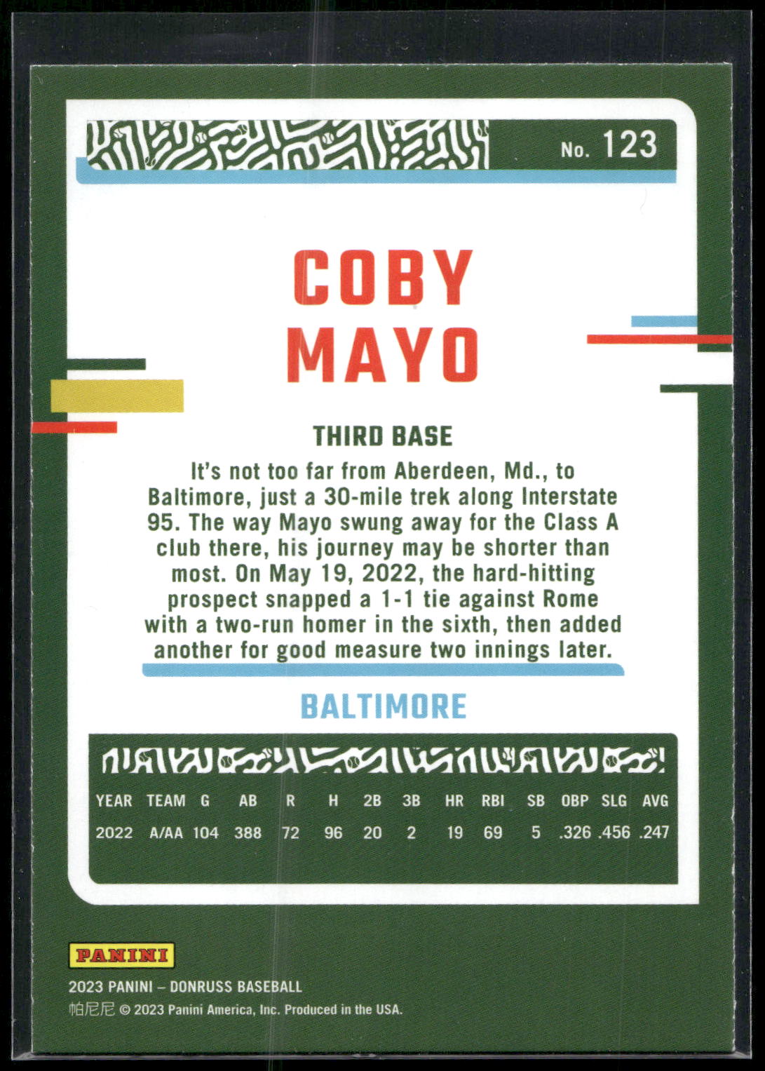 2023 Donruss #123 Coby Mayo Holo Blue