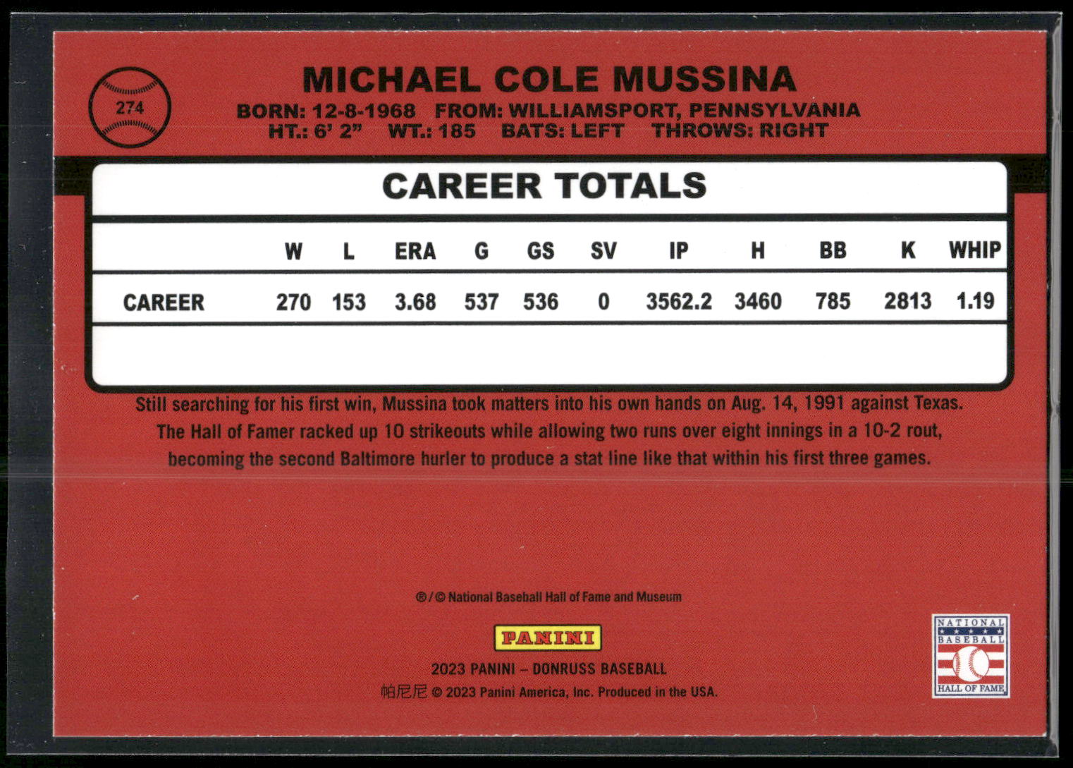 2023 Donruss #274 Mike Mussina Holo Blue