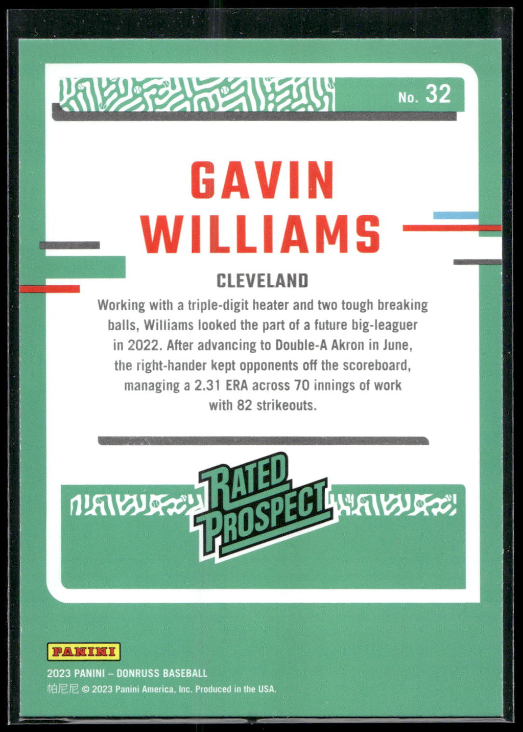 2023 Donruss #32 Gavin Williams Holo Blue