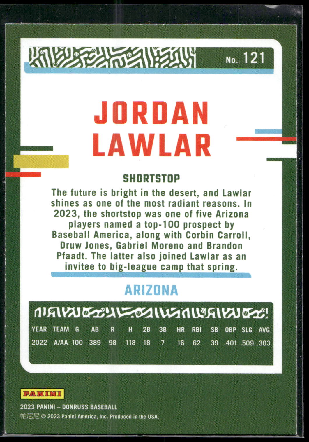 2023 Donruss #121 Jordan Lawlar Holo Blue