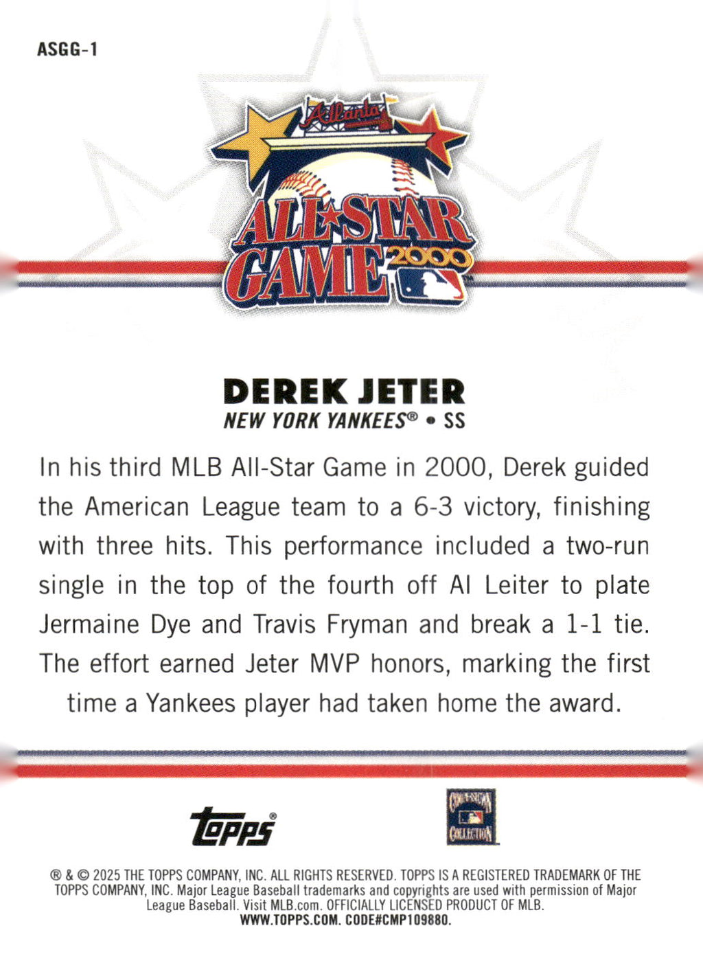 2025 Topps All-Star Game #ASGG-1 Derek Jeter All-Star Game Greats