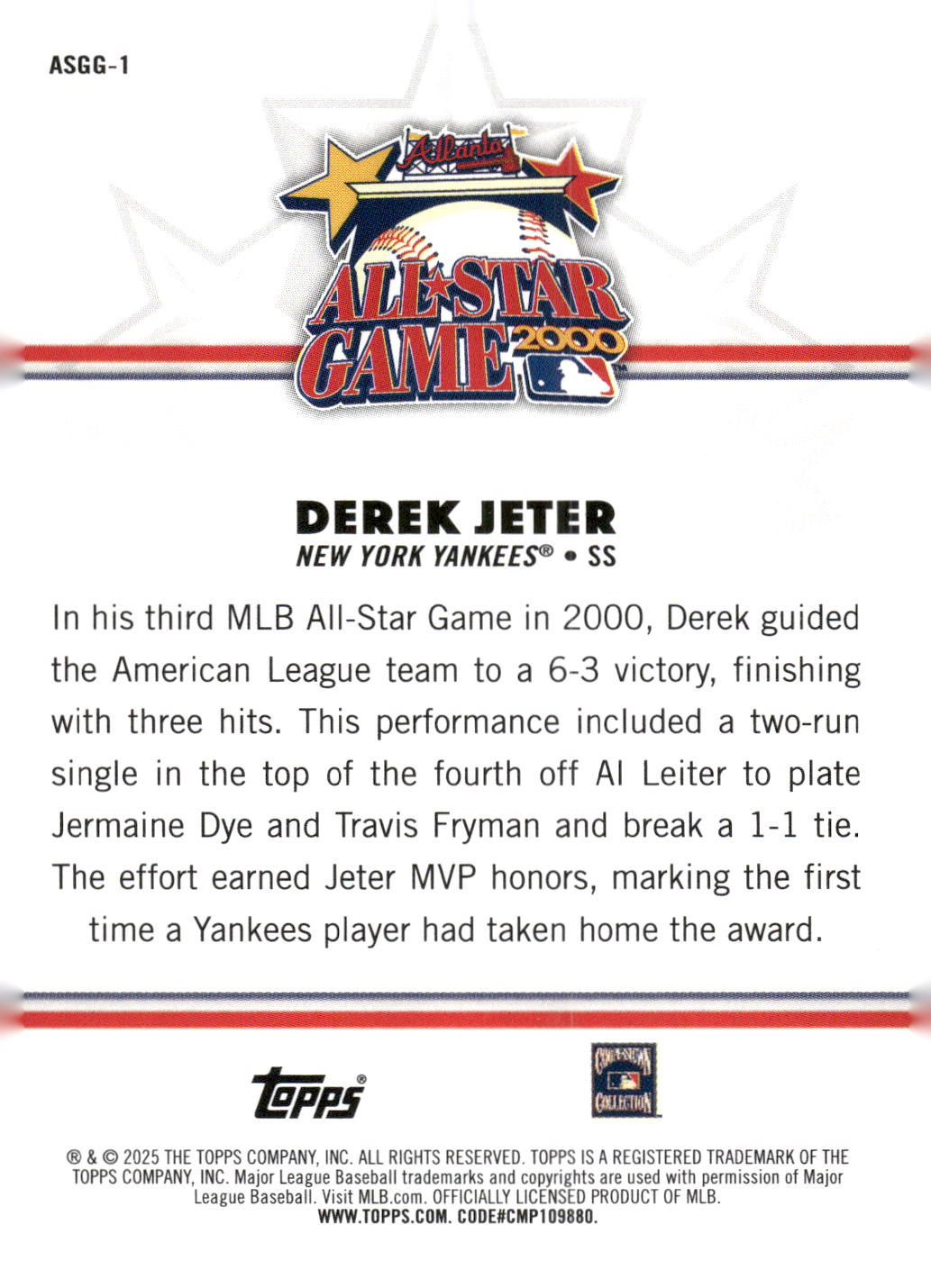 2025 Topps All-Star Game #ASGG-1 Derek Jeter All-Star Game Greats