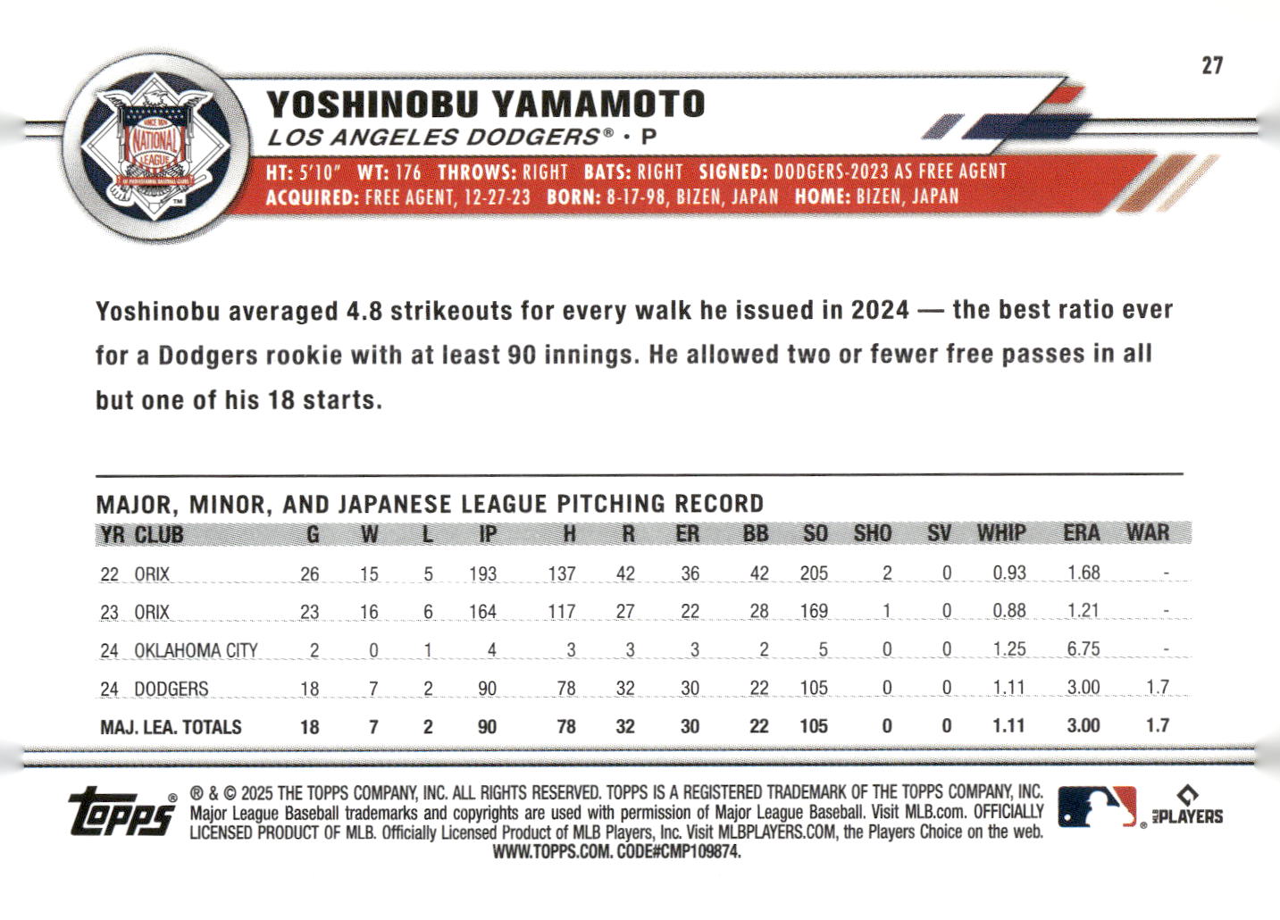 2025 Topps All-Star Game #27 Yoshinobu Yamamoto