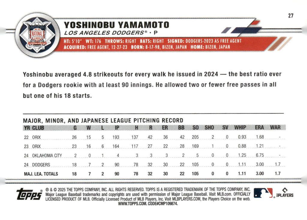 2025 Topps All-Star Game #27 Yoshinobu Yamamoto