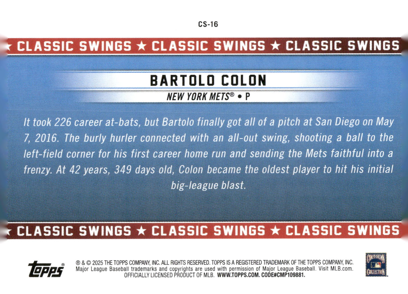 2025 Topps All-Star Game #CS-16 Bartolo Colon Classic Swings
