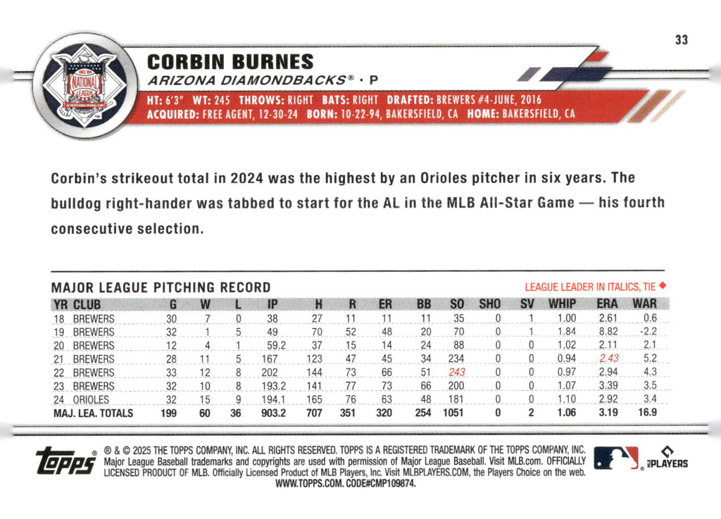 2025 Topps All-Star Game #33 Corbin Burnes