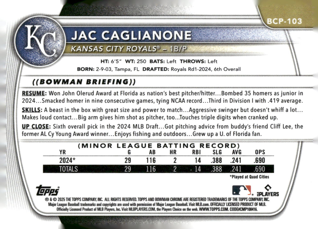 2025 Bowman #BCP-103 Jac Caglianone Chrome Prospects
