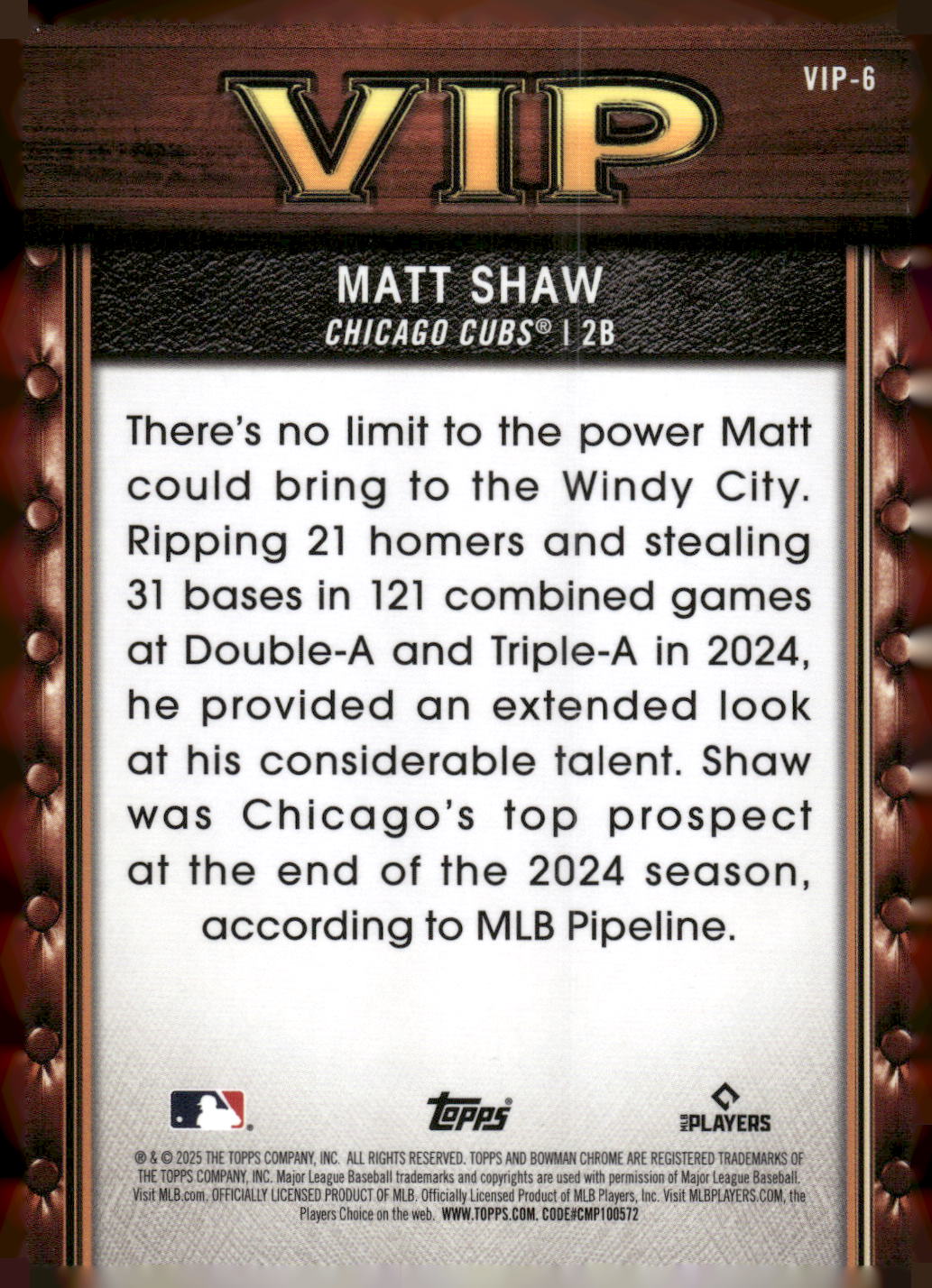 2025 Bowman #VIP-6 Matt Shaw Very Important Prospects