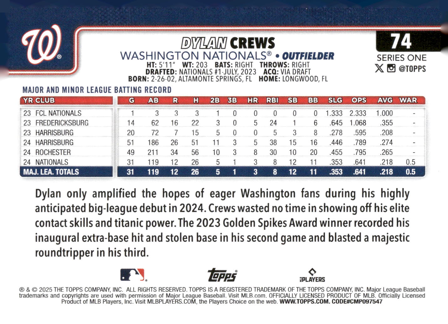 2025 Topps #74 Dylan Crews