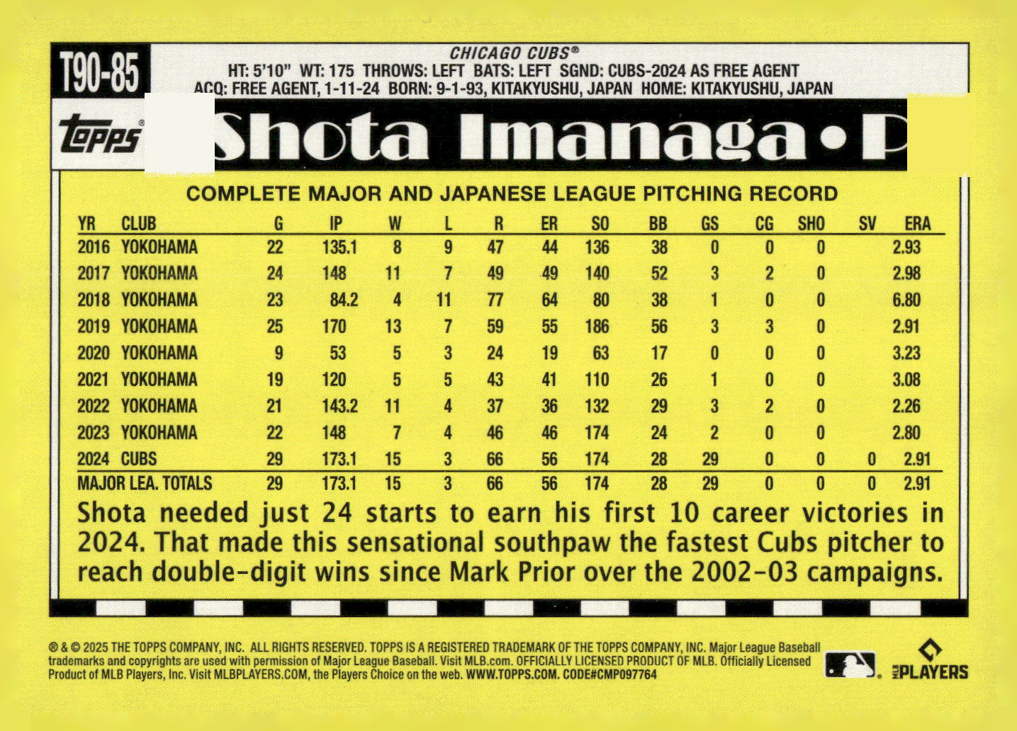 2025 Topps #T90-85 Shota Imanaga 1990 Topps Baseball 35th Anniversary