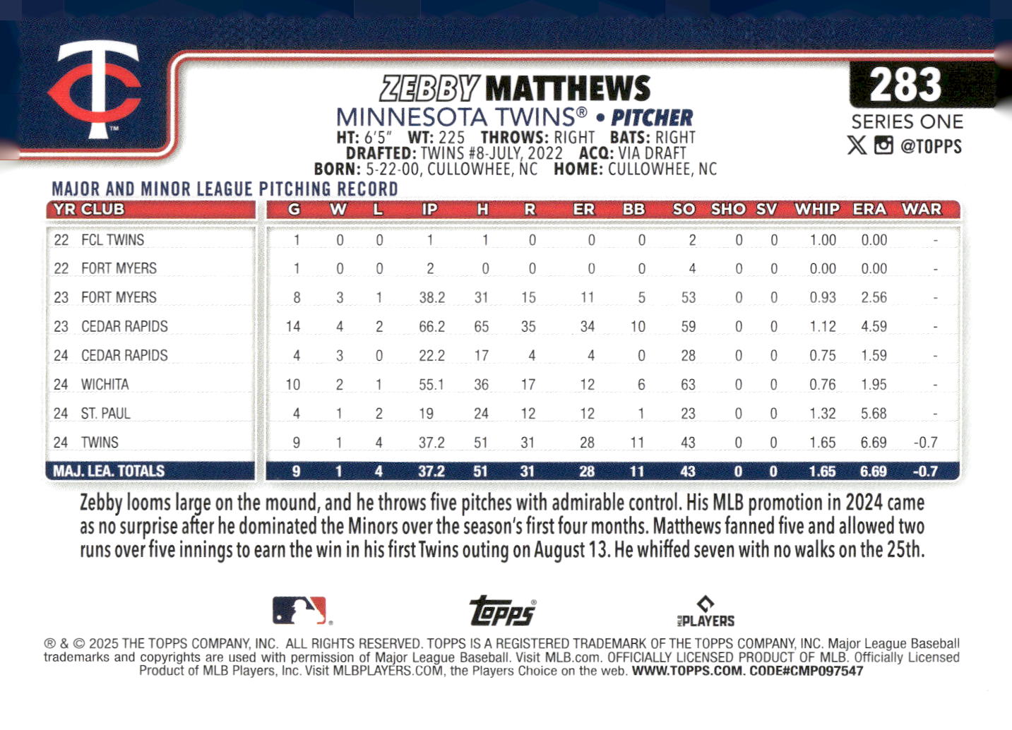 2025 Topps #283 Zebby Matthews