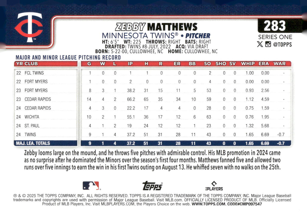 2025 Topps #283 Zebby Matthews