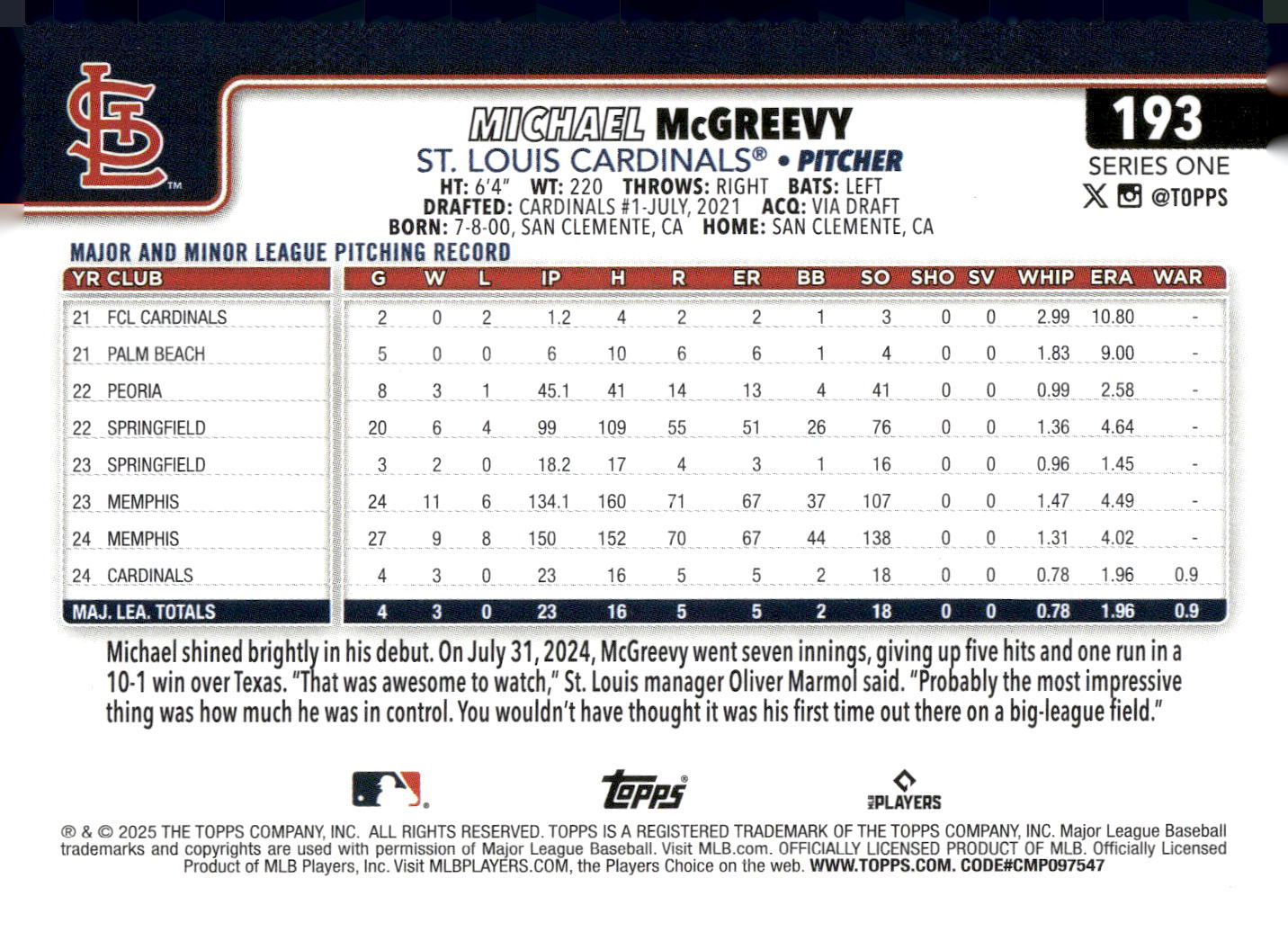 2025 Topps #193 Michael McGreevy