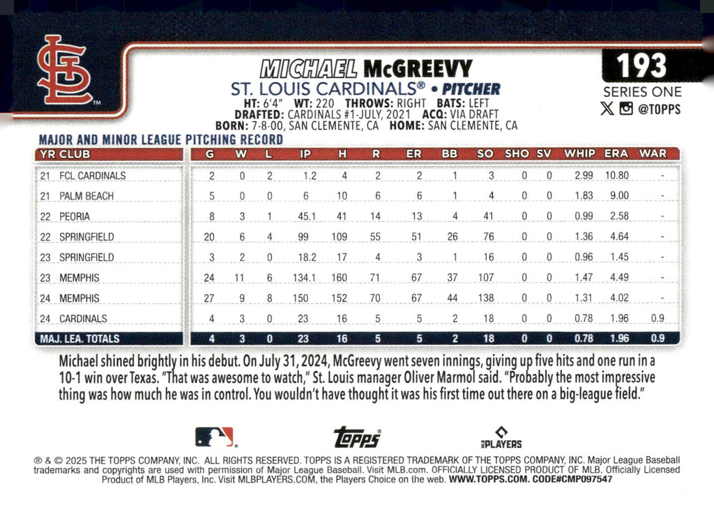 2025 Topps #193 Michael McGreevy