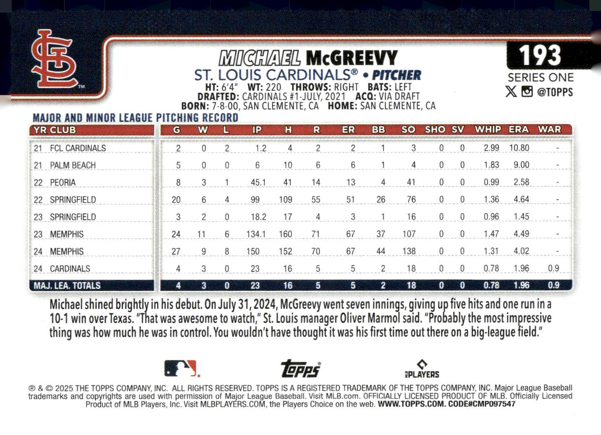 2025 Topps #193 Michael McGreevy