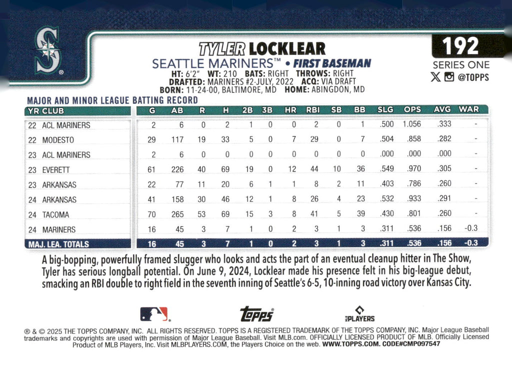 2025 Topps #192 Tyler Locklear