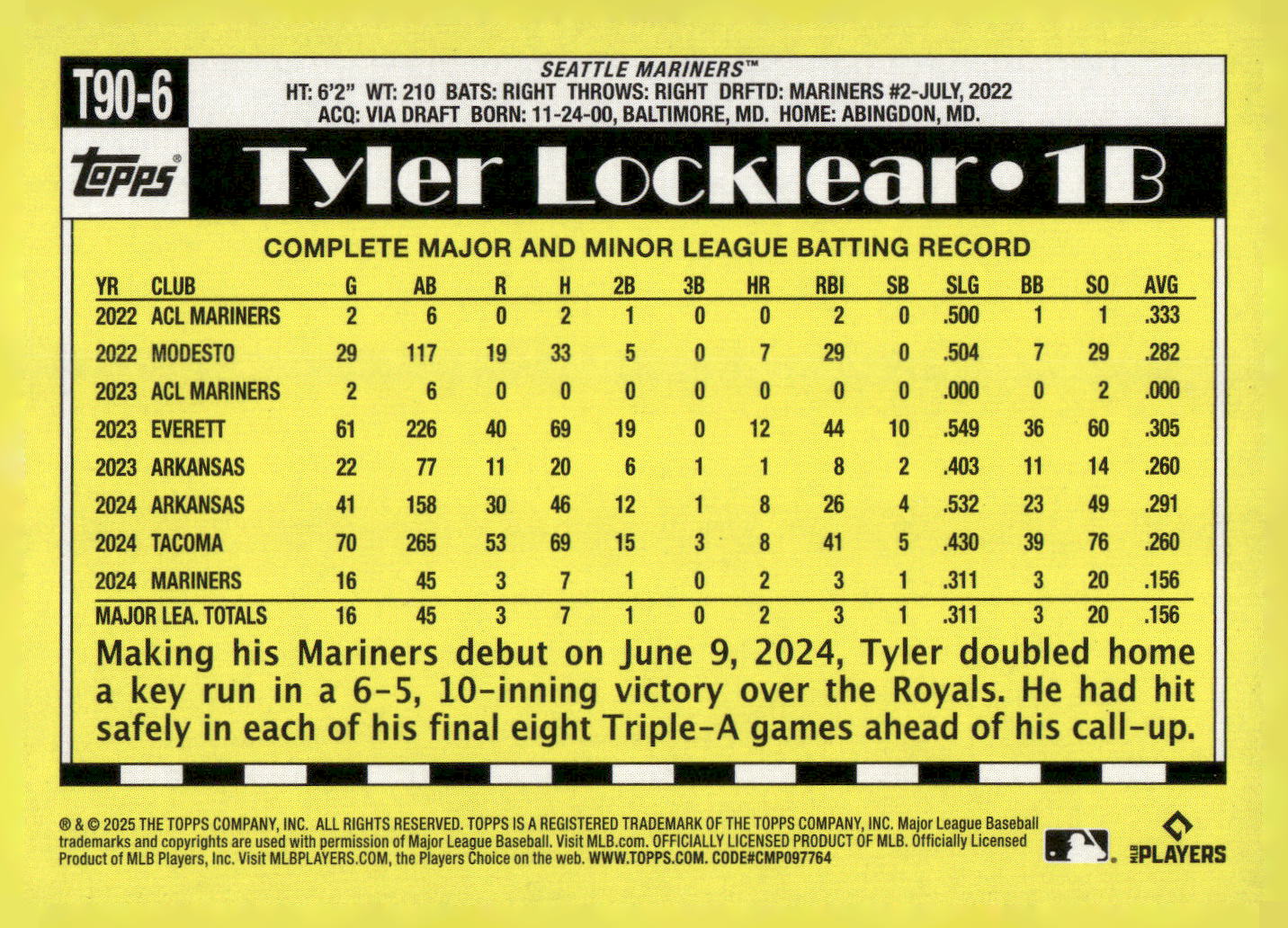 2025 Topps #T90-6 Tyler Locklear 1990 Topps Baseball 35th Anniversary