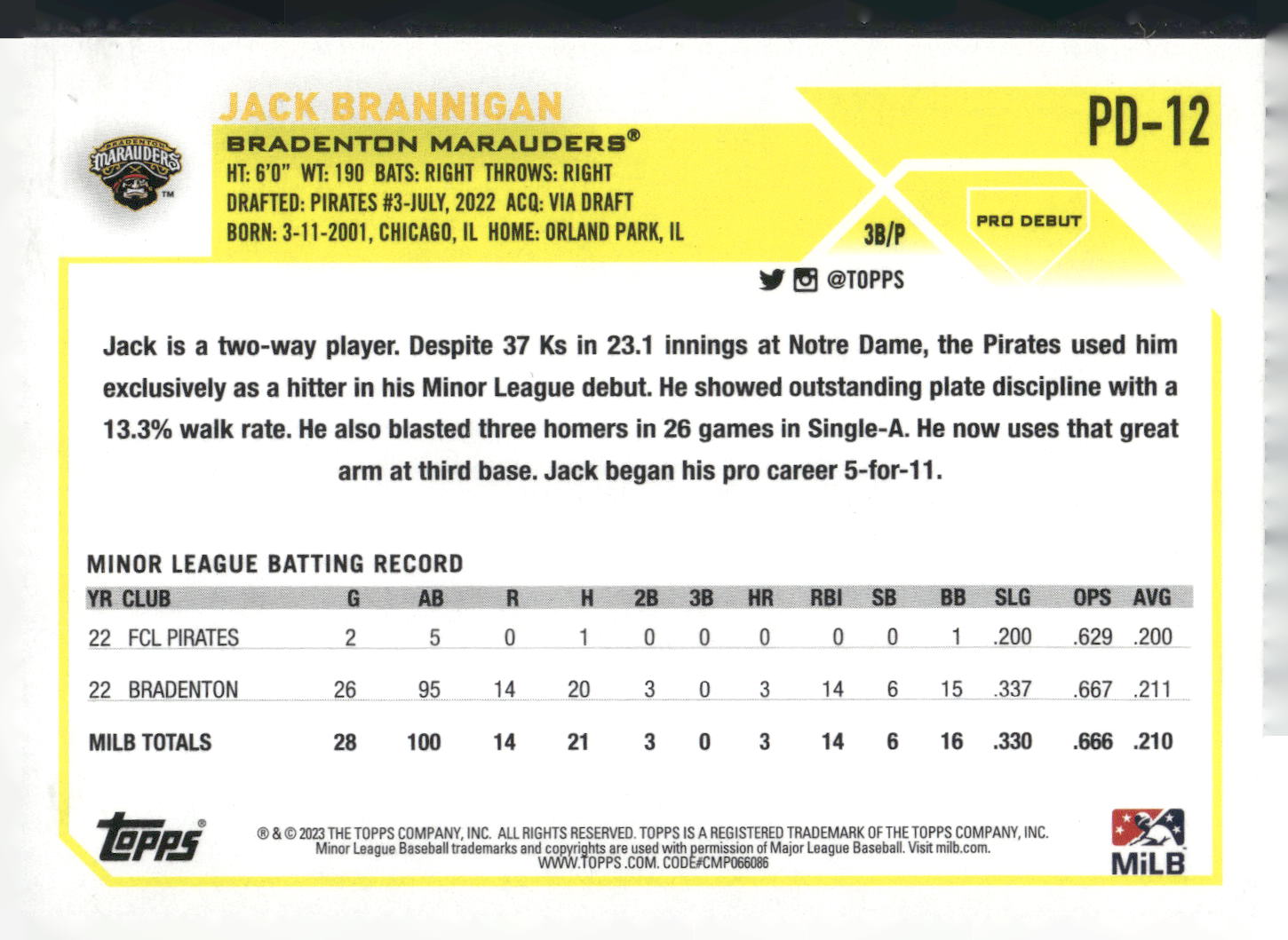 2023 Topps Pro Debut #PD-12 Jack Brannigan