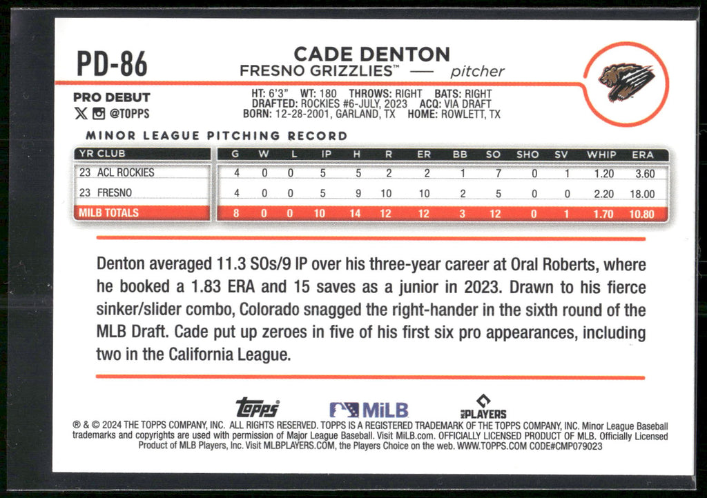 2024 Topps Pro Debut #PD-86 Cade Denton
