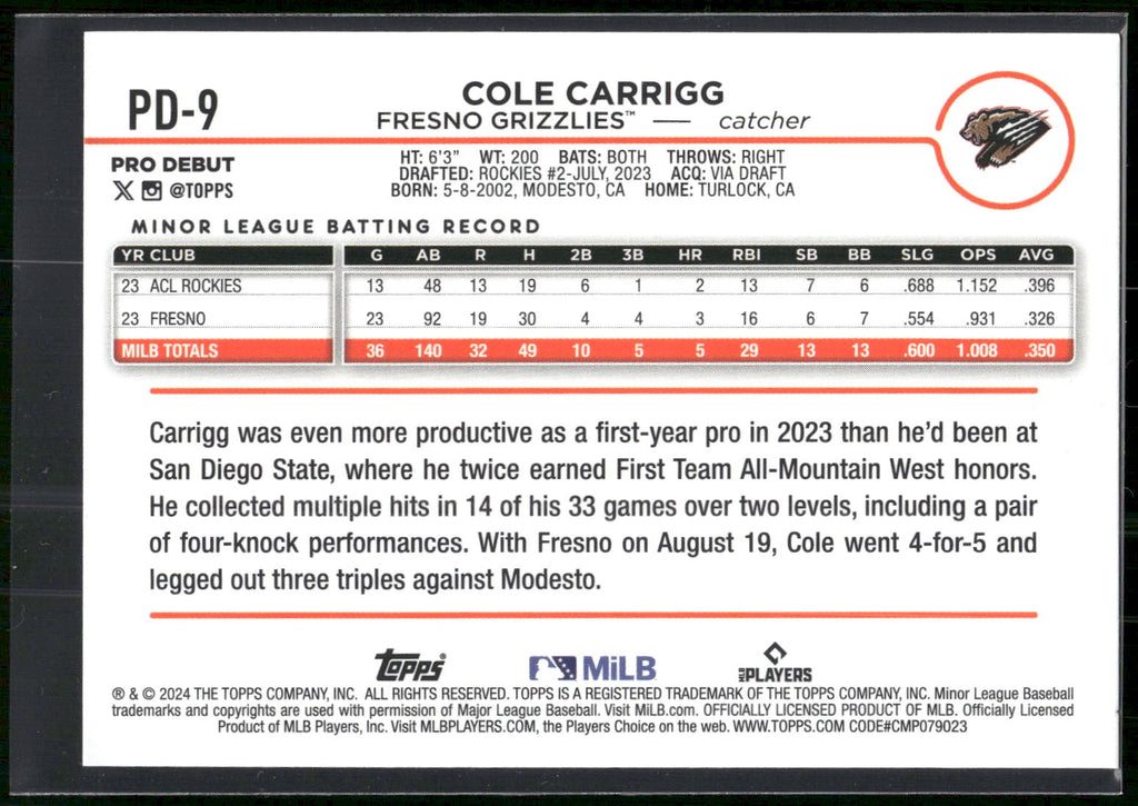 2024 Topps Pro Debut #PD-9 Cole Carrigg