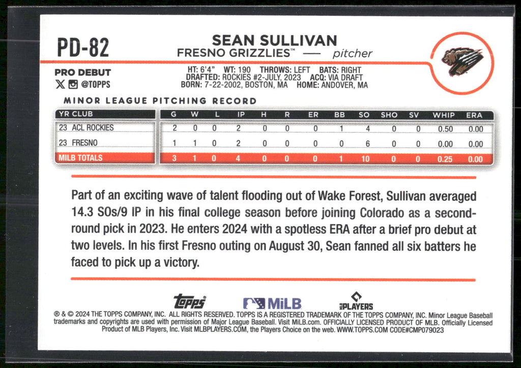 2024 Topps Pro Debut #PD-82 Sean Sullivan