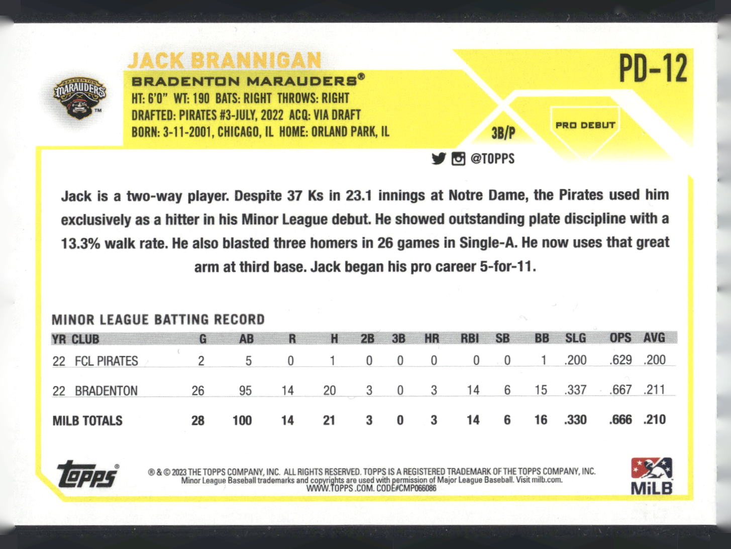 2023 Topps Pro Debut #PD-12 Jack Brannigan