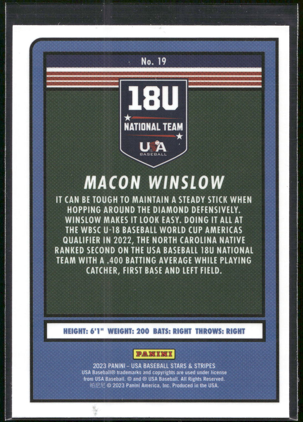 2023 Panini Stars & Stripes USA Baseball #19 Macon Winslow