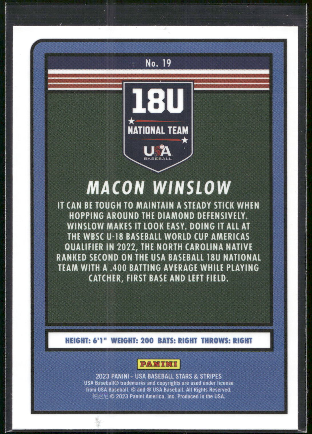 2023 Panini Stars & Stripes USA Baseball #19 Macon Winslow