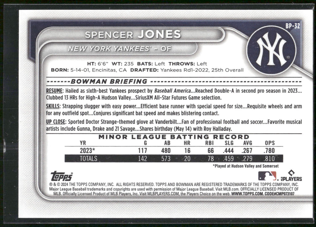2024 Bowman #BP-32 Spencer Jones Prospects