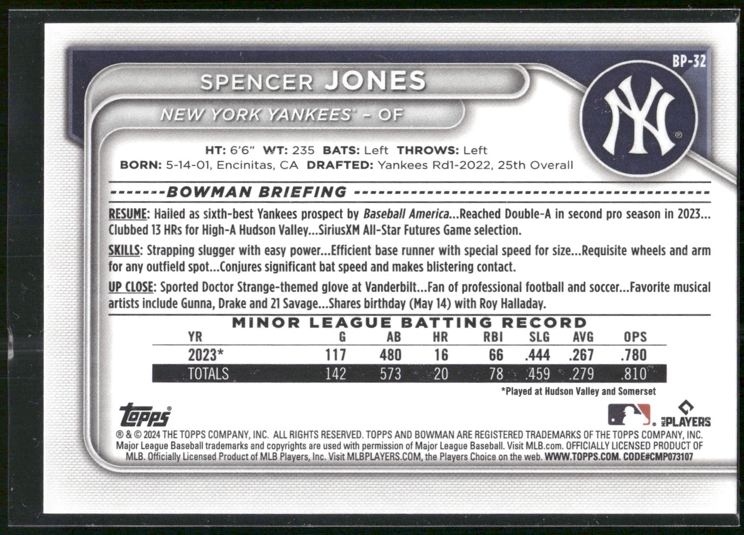 2024 Bowman #BP-32 Spencer Jones Prospects