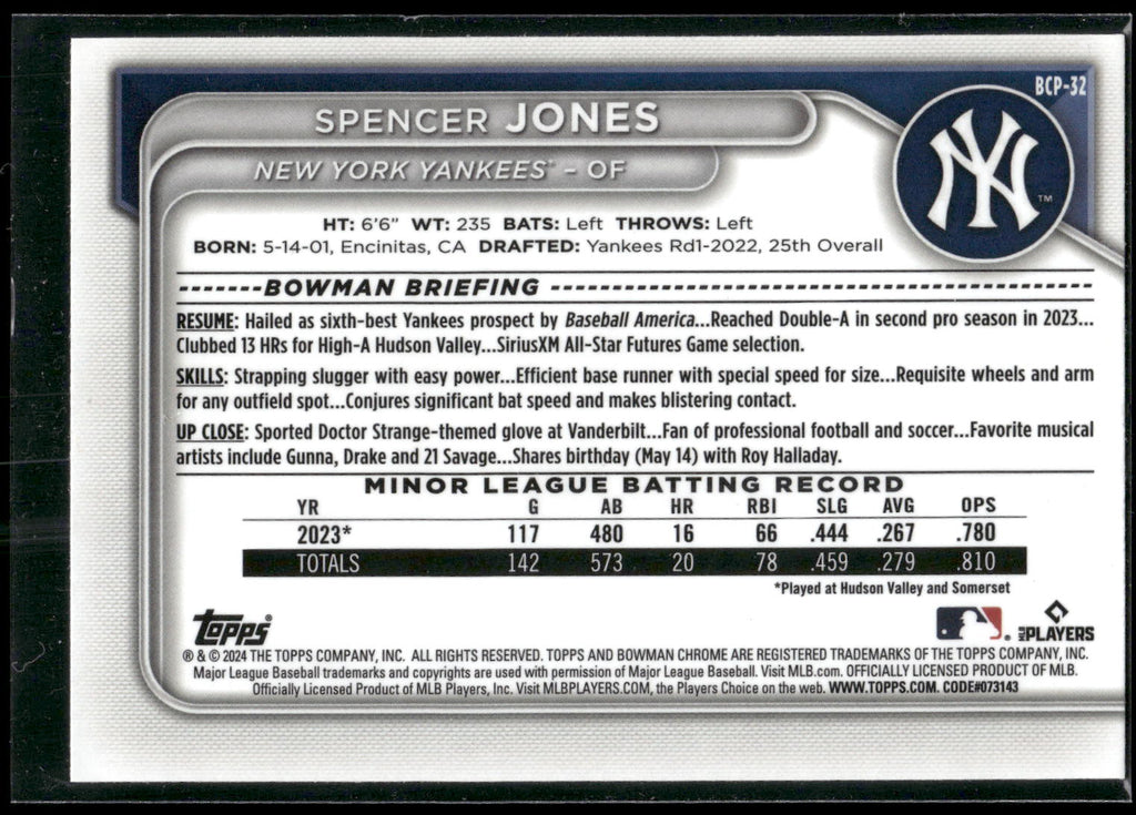 2024 Bowman #BCP-32 Spencer Jones Chrome Prospects