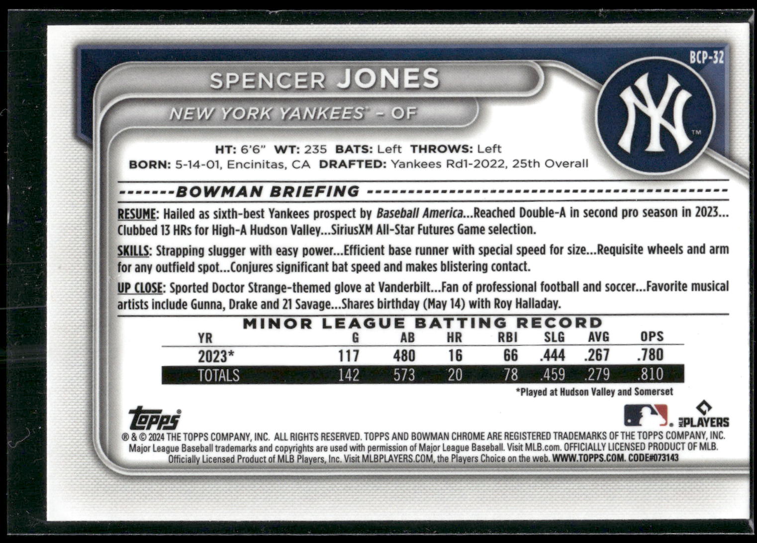 2024 Bowman #BCP-32 Spencer Jones Chrome Prospects