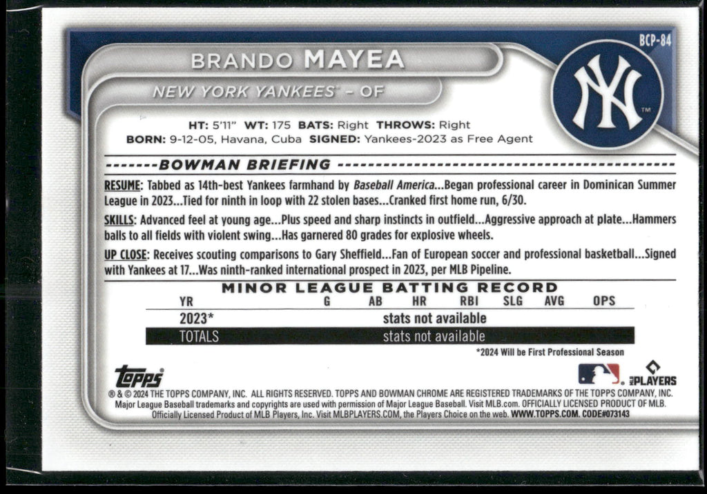 2024 Bowman #BCP-84 Brando Mayea Chrome Prospects