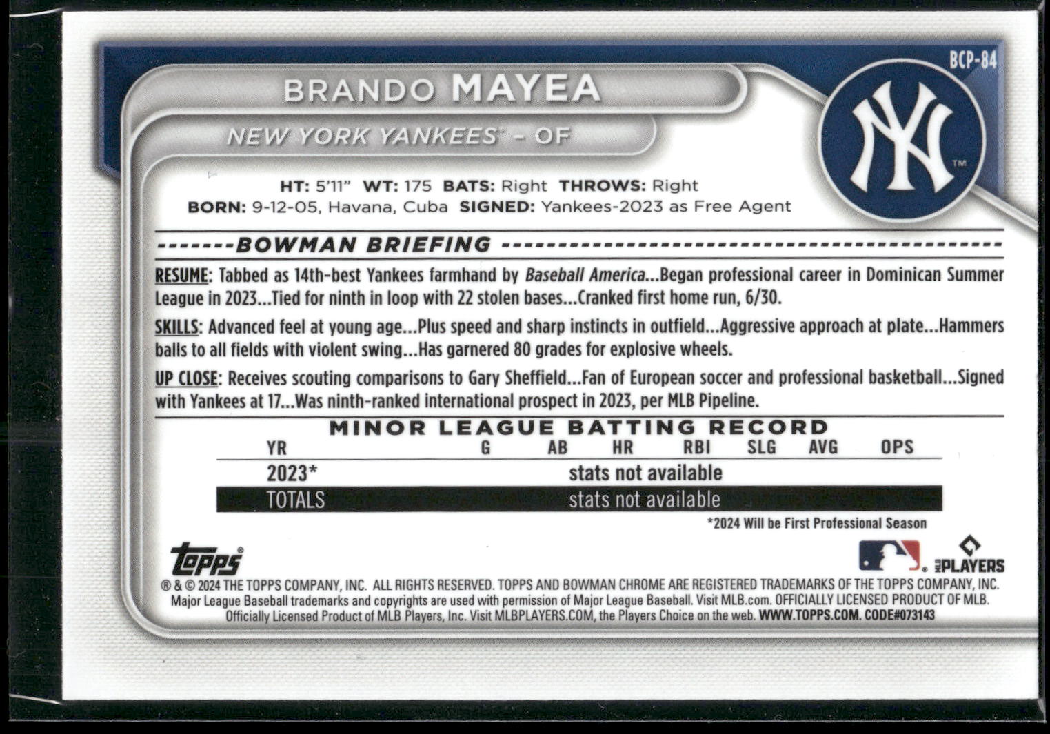2024 Bowman #BCP-84 Brando Mayea Chrome Prospects