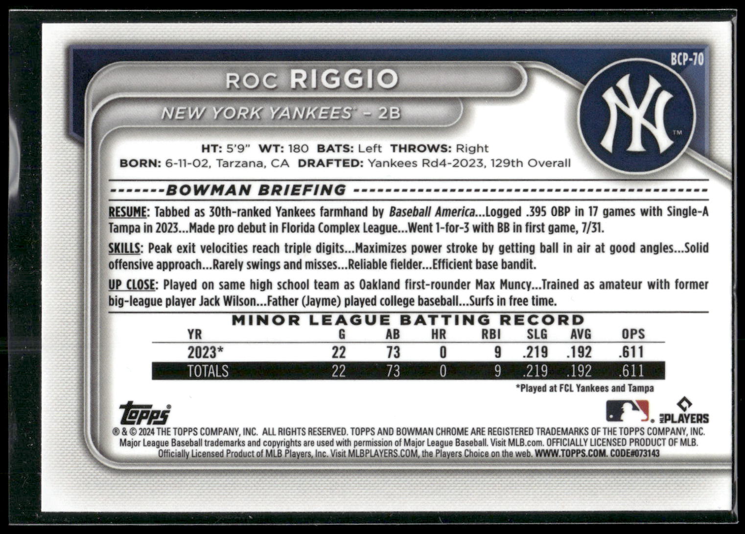 2024 Bowman #BP-70 Roc Riggio Prospects