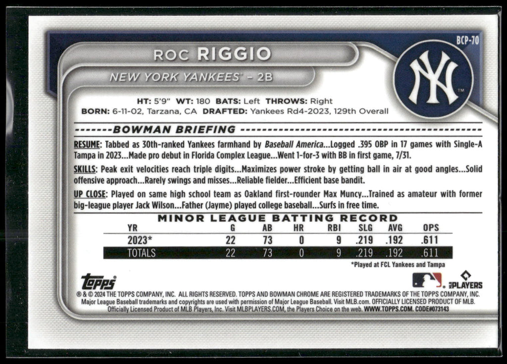 2024 Bowman #BP-70 Roc Riggio Prospects