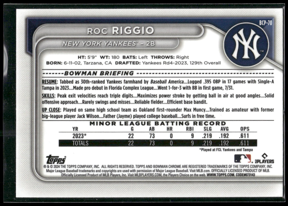 2024 Bowman #BP-70 Roc Riggio Prospects