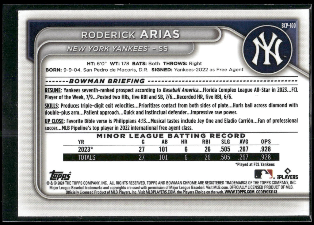 2024 Bowman #BP-100 Roderick Arias Prospects