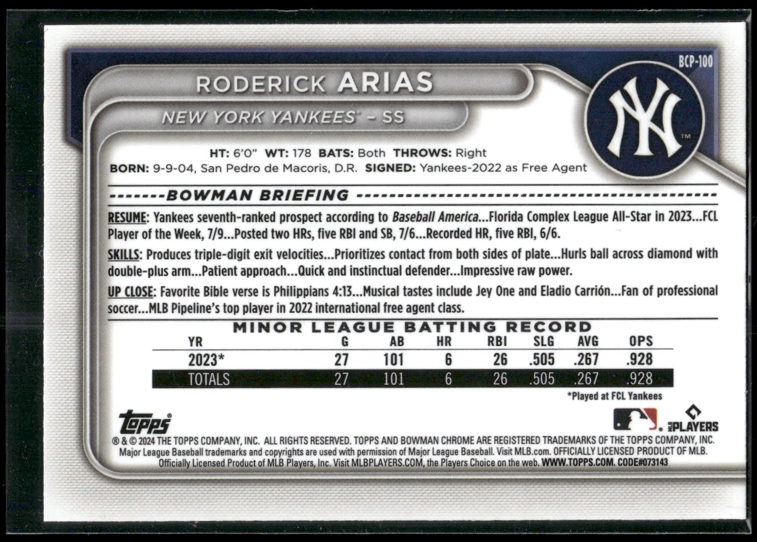 2024 Bowman #BP-100 Roderick Arias Prospects