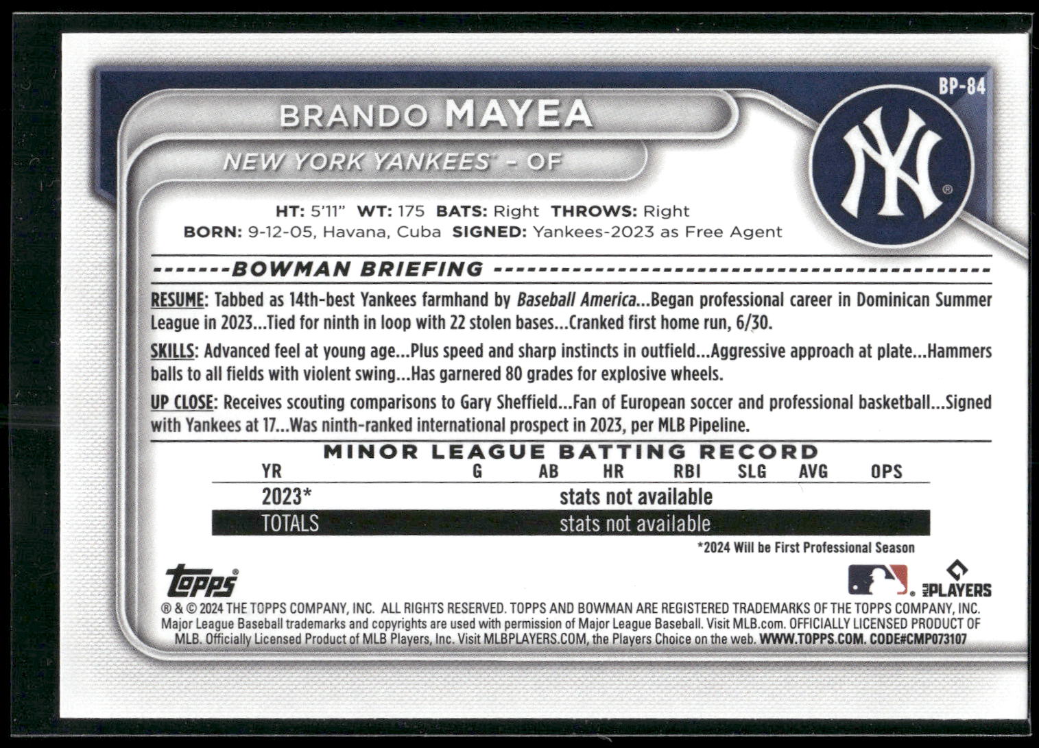 2024 Bowman #BP-84 Brando Mayea Prospects
