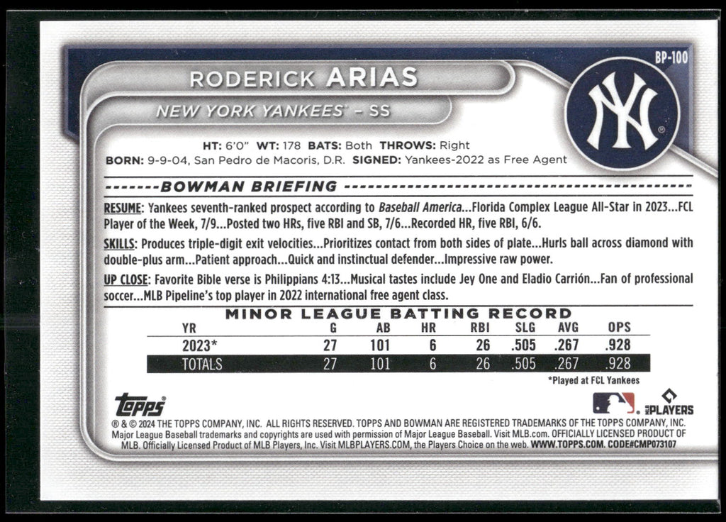 2024 Bowman #BP-100 Roderick Arias Prospects