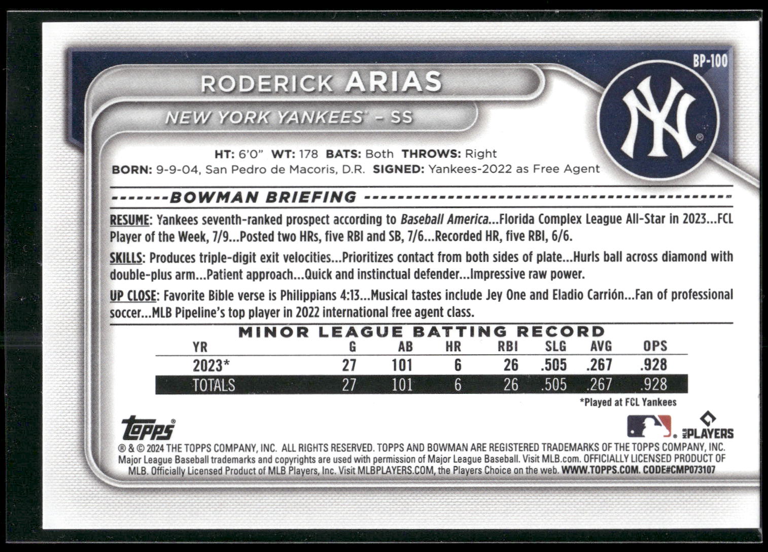2024 Bowman #BP-100 Roderick Arias Prospects