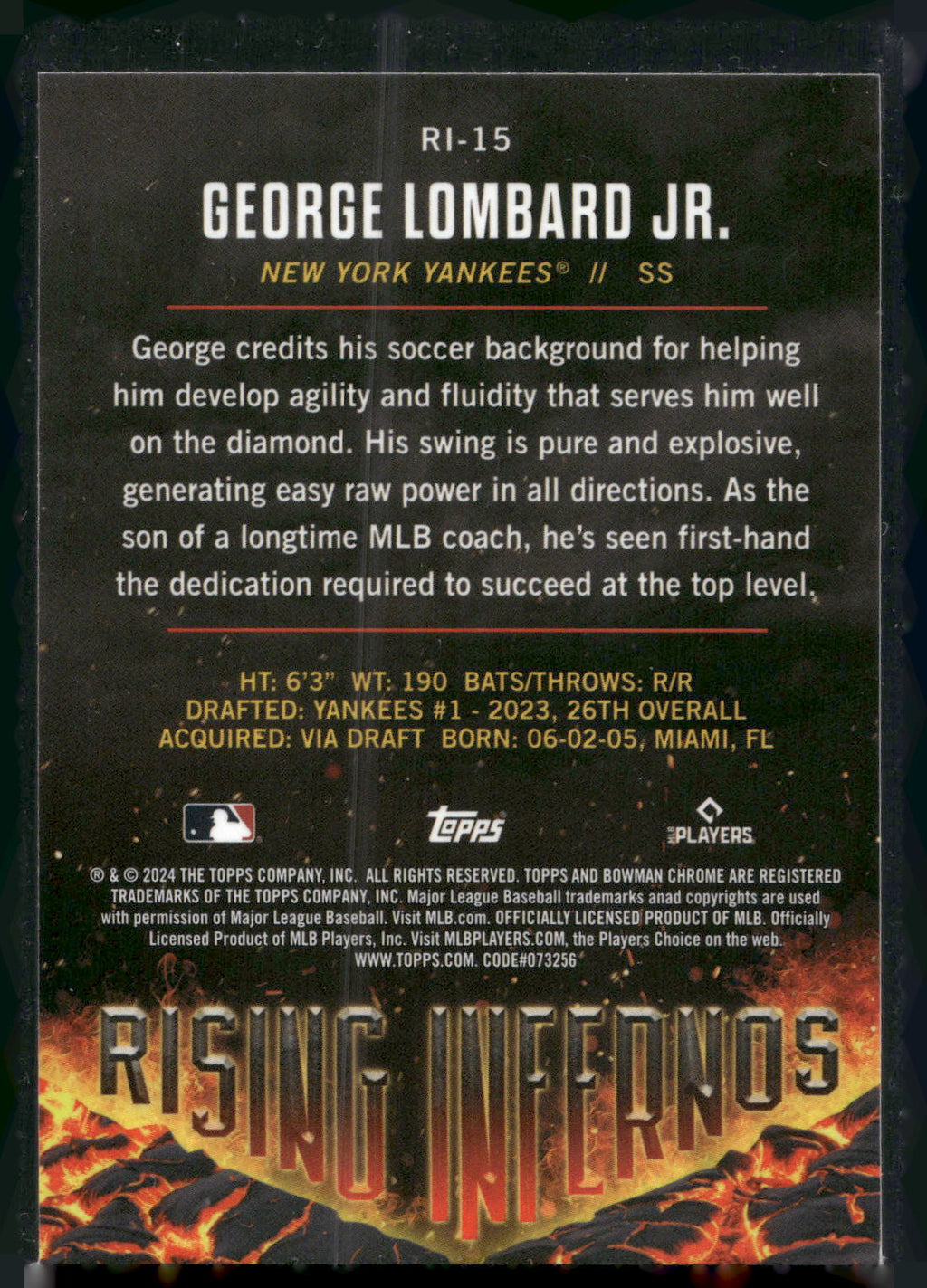 2024 Bowman #RI-15 George Lombard Jr. Rising Infernos