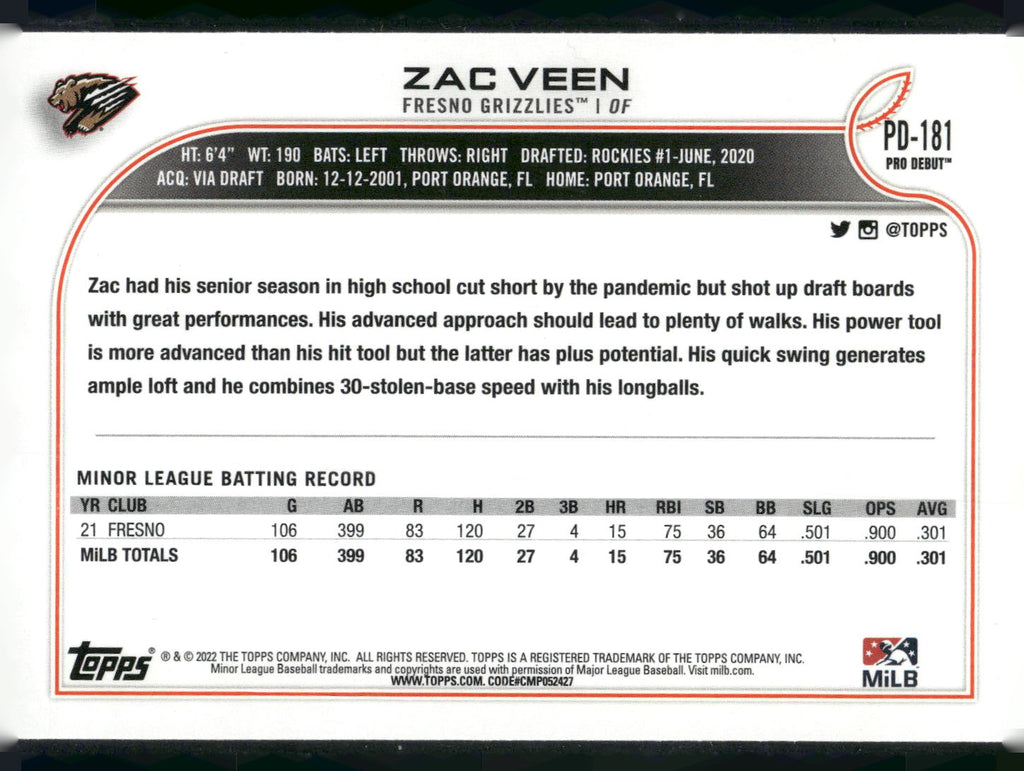 2022 Topps Pro Debut #PD-181 Zac Veen