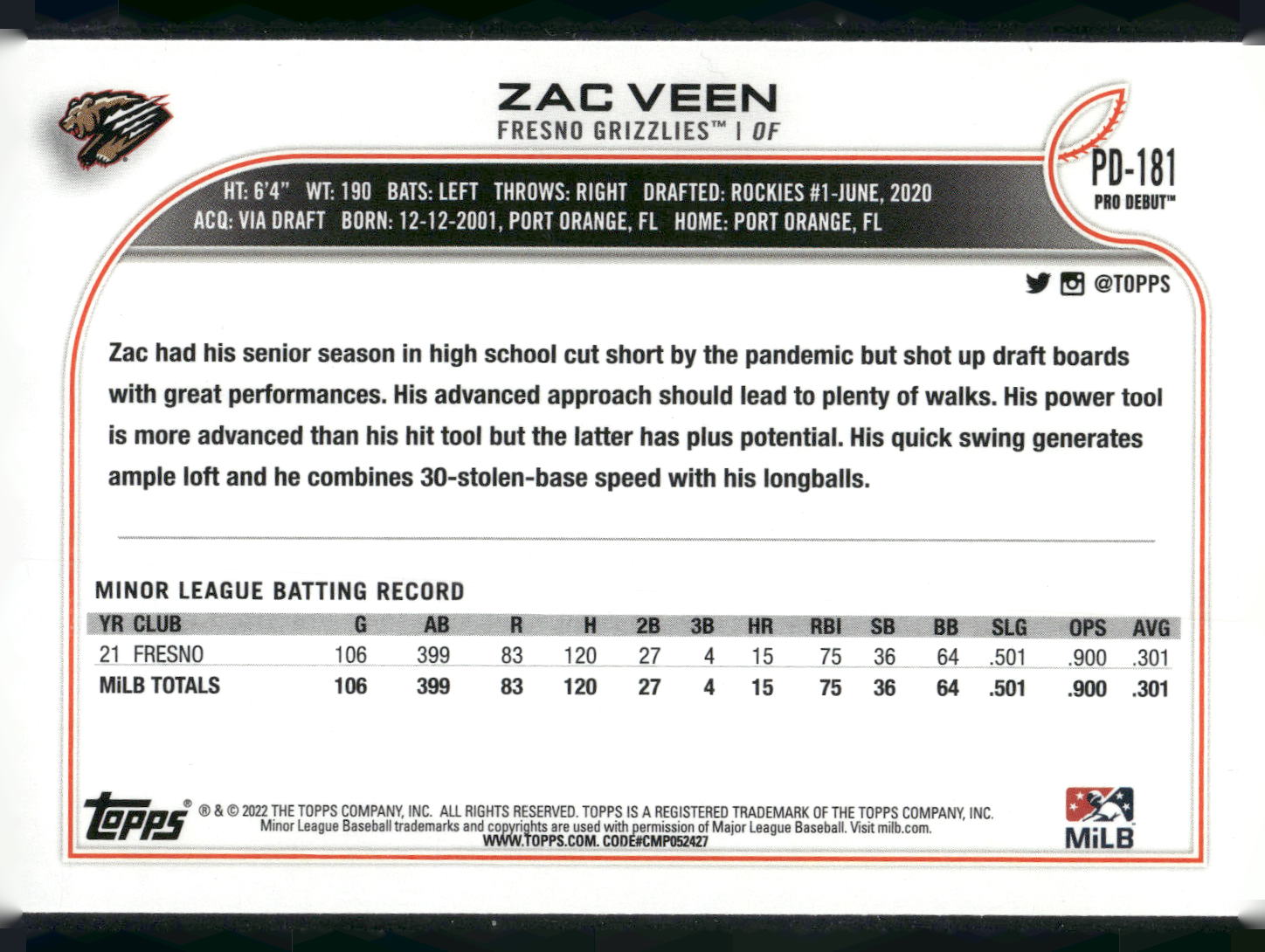 2022 Topps Pro Debut #PD-181 Zac Veen